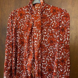 Ann Taylor Petite Orange Floral Patterned Tie Neck Puff Sleeve Top
